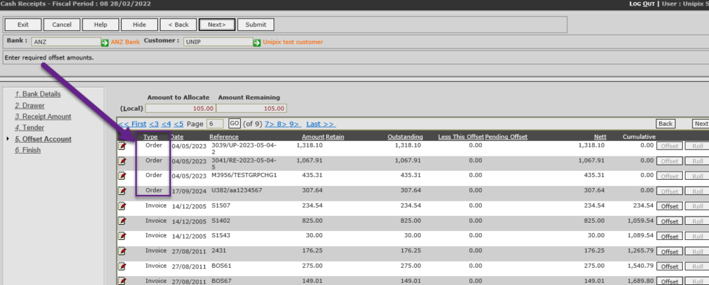 Receipts Order Offsetting