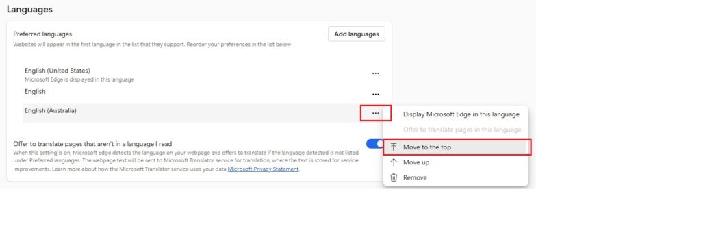 Screen shot of how to set preferred language in Edge browser